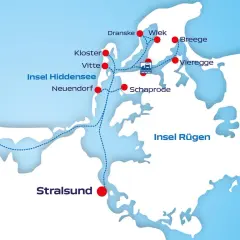 Karte zeigt die Insel Hiddensee westlich von Rügen. Verbindungen von Stralsund, Zingst und Rügen nach Hiddensee.