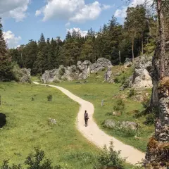 Ein einsamer Wanderer auf einem Pfad durch eine Felsenlandschaft. Ein echter **Geheimtipp Ostdeutschland** für Naturliebhaber.