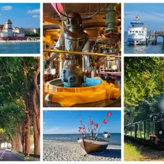 Ein Hotel am Strand, ein Taucherhelm, eine Mole mit Schiff, eine Baumallee, ein Fischerboot und eine Dampflok – Vielfalt auf Rügen, Deutschland.