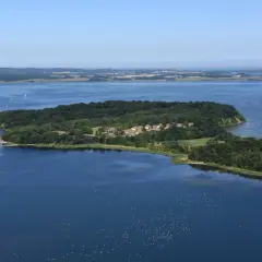 Grüne Insel Vilm mit Häusern und einem Pier, umgeben von blauem Wasser, auf dem Vögel schwimmen.