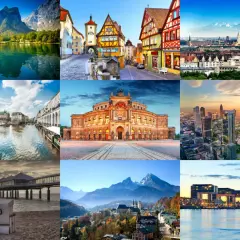 Collage zeigt top Urlaubsorte: Bergsee mit Schloss, mittelalterliche Stadt, München, Hamburg, Dresden, Frankfurt, Ostseestrand, Alpenpanorama, Köln.