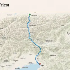 Karte zeigt eine Route von Salzburg nach Triest, ideal für einen Roadtrip durch die Alpen.