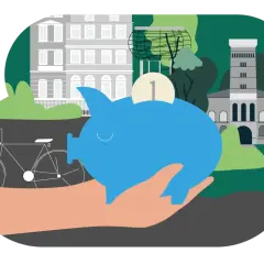 Eine blaue Sparschwein auf einer Hand, mit einer Münze drin. Im Hintergrund sind Gebäude und ein Fahrrad zu sehen. Dies symbolisiert die Kurkarte Binz.