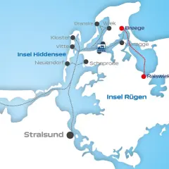 Karte zeigt Fährrouten um Rügen und Hiddensee. Santiano könnte von Breege nach Ralswiek segeln.