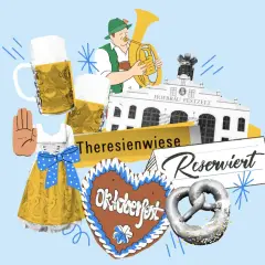 Auf dem Oktoberfest gibt es Bierkrüge, Blasmusik, Lebkuchenherzen und Brezeln. Man feiert auf der Theresienwiese und genießt die Atmosphäre.