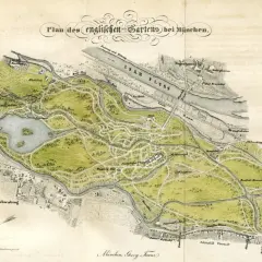 Historische Karte des Englischen Gartens bei München, mit Schwabing am linken Bildrand.
