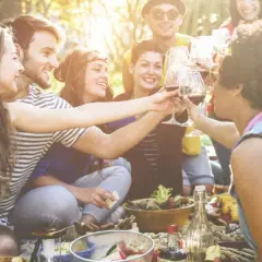 Freunde stoßen mit Rotwein an, ein perfekter Sonntag, um gemeinsam zu picknicken und das Leben zu genießen.