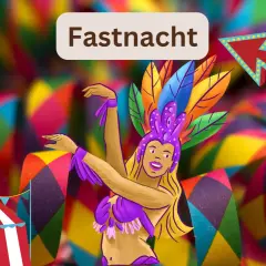Bunte Dekorationen und eine Tänzerin im Faschingskostüm kündigen den Fasching 2027 an. Ein Zirkuszelt und ein Pfeil mit Lichtern vervollständigen die fröhliche Szene.