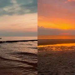 Zwei Ansichten des Meeres in Deutschland: links Wellen und Buhnen im Dämmerlicht, rechts ein dramatischer Sonnenuntergang über dem Sandstrand.