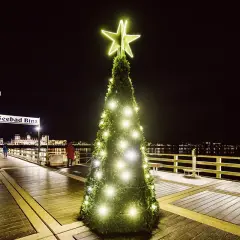 Ein festlich beleuchteter Weihnachtsbaum mit Sternspitze auf dem Holzsteg des Seebads Binz. Im Hintergrund die Lichter der Stadt.