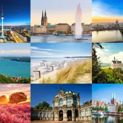 Collage mit besonderen Reisezielen: Berliner Fernsehturm, Hamburger Rathaus, Kölner Dom, Bodensee, Ostseestrand, Schloss Neuschwanstein, Heideblüte, Dresdner Zwinger, Lübeck.