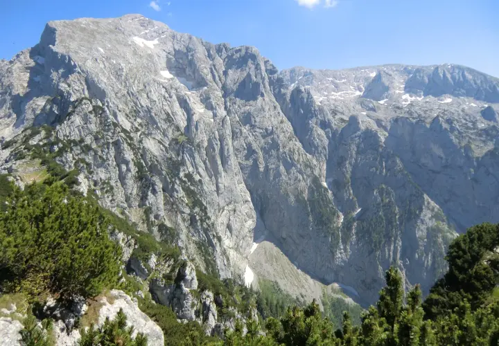 Majestätische Bergkulisse mit felsigen Hängen und grünen Nadelbäumen, ideal für eine Kehlsteinhaus Wanderung.