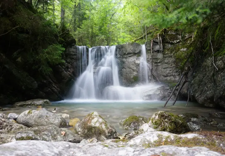 Ein malerischer oberammergau wasserfall stürzt über moosbewachsene Felsen in ein klares Becken, umgeben von üppigem Grün.