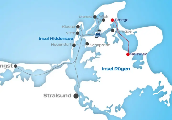 Karte zeigt Fährrouten um Rügen und Hiddensee. Santiano könnte von Breege nach Ralswiek segeln.
