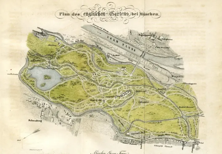 Historische Karte des Englischen Gartens bei München, mit Schwabing am linken Bildrand.
