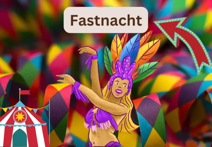 Bunte Dekorationen und eine Tänzerin im Faschingskostüm kündigen den Fasching 2027 an. Ein Zirkuszelt und ein Pfeil mit Lichtern vervollständigen die fröhliche Szene.
