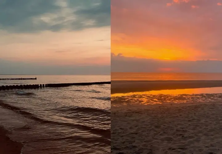 Zwei Ansichten des Meeres in Deutschland: links Wellen und Buhnen im Dämmerlicht, rechts ein dramatischer Sonnenuntergang über dem Sandstrand.