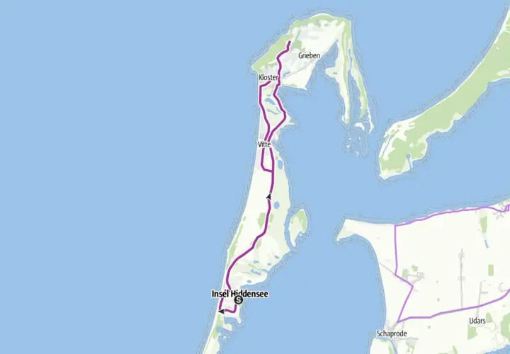 Karte einer Hiddensee Fahrradtour von Kloster über Vitte nach Grieben.