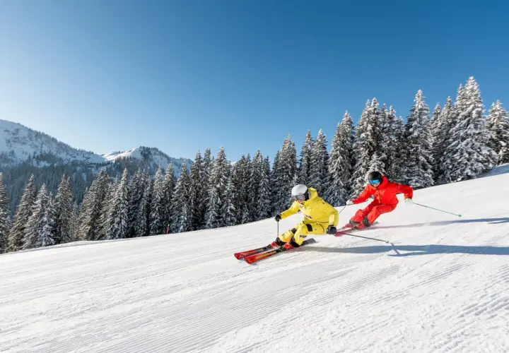 Zwei Skifahrer in leuchtenden Farben sausen über eine präparierte Piste in den **Skigebieten Alpen**. Schneebedeckte Tannen und Berge im Hintergrund.