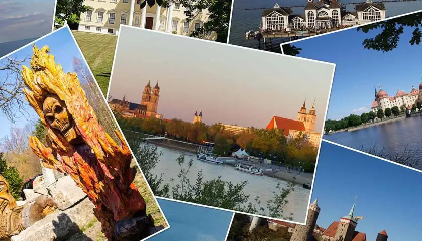 Collage mit Schlössern, Kirchen und einer Holzskulptur. Entdecke geheimtipps reiseziele für deinen nächsten Urlaub.