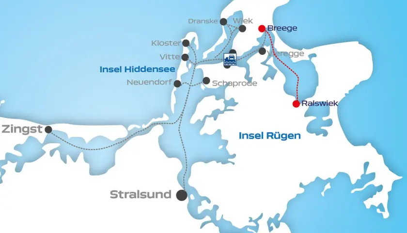 Karte zeigt Fährrouten um Rügen und Hiddensee. Santiano könnte von Breege nach Ralswiek segeln.