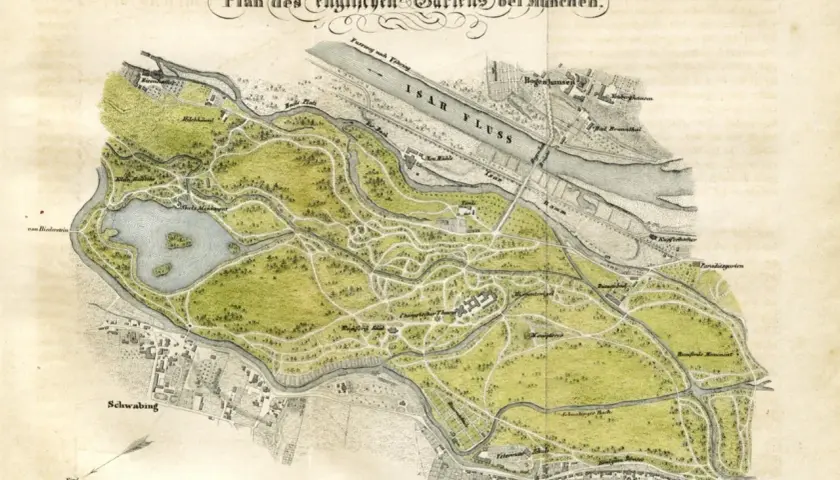 Historische Karte des Englischen Gartens bei München, mit Schwabing am linken Bildrand.