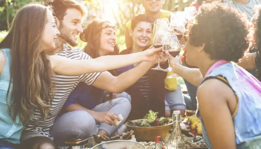Freunde stoßen mit Rotwein an, ein perfekter Sonntag, um gemeinsam zu picknicken und das Leben zu genießen.