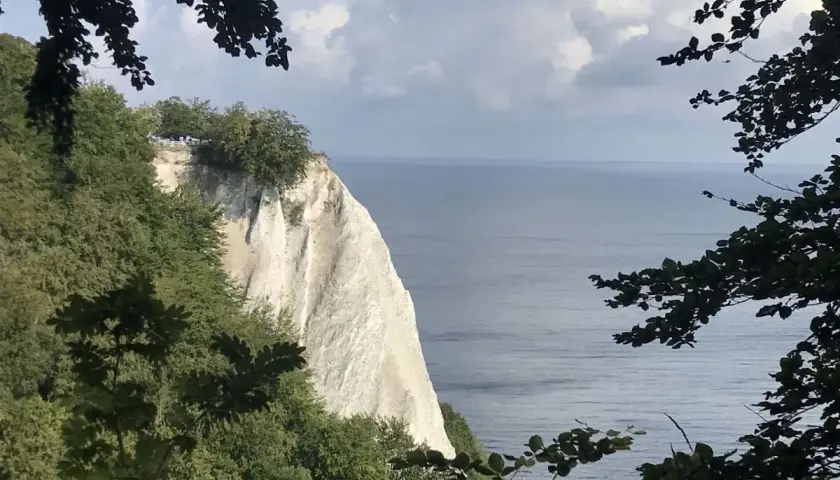 Weiße Kreidefelsen der Halbinsel Jasmund ragen steil ins Meer. Bäume säumen den Rand, das Wasser glitzert.