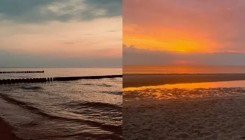 Zwei Ansichten des Meeres in Deutschland: links Wellen und Buhnen im Dämmerlicht, rechts ein dramatischer Sonnenuntergang über dem Sandstrand.