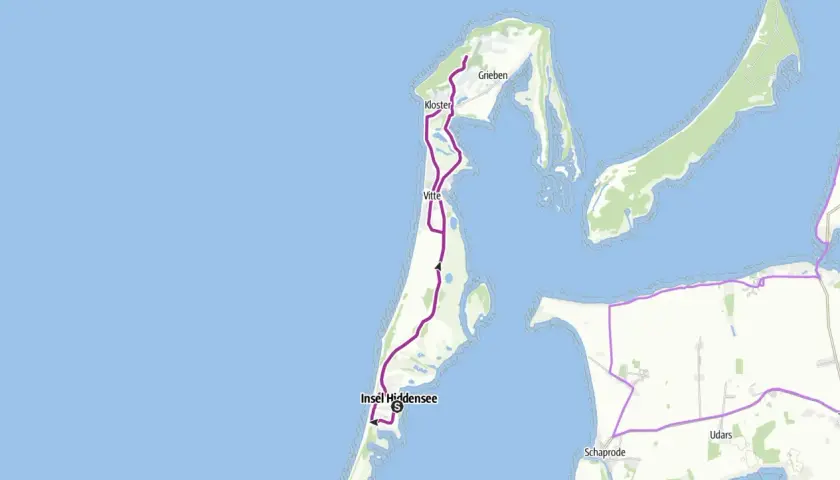 Karte einer Hiddensee Fahrradtour von Kloster über Vitte nach Grieben.