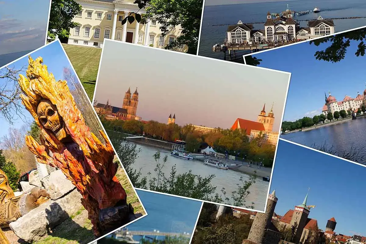Collage mit Schlössern, Kirchen und einer Holzskulptur. Entdecke geheimtipps reiseziele für deinen nächsten Urlaub.