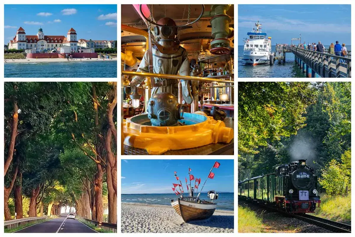Ein Hotel am Strand, ein Taucherhelm, eine Mole mit Schiff, eine Baumallee, ein Fischerboot und eine Dampflok – Vielfalt auf Rügen, Deutschland.
