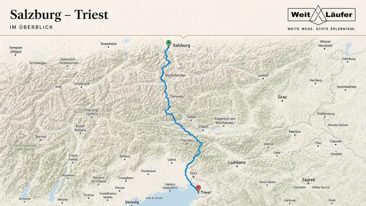 Karte zeigt eine Route von Salzburg nach Triest, ideal für einen Roadtrip durch die Alpen.