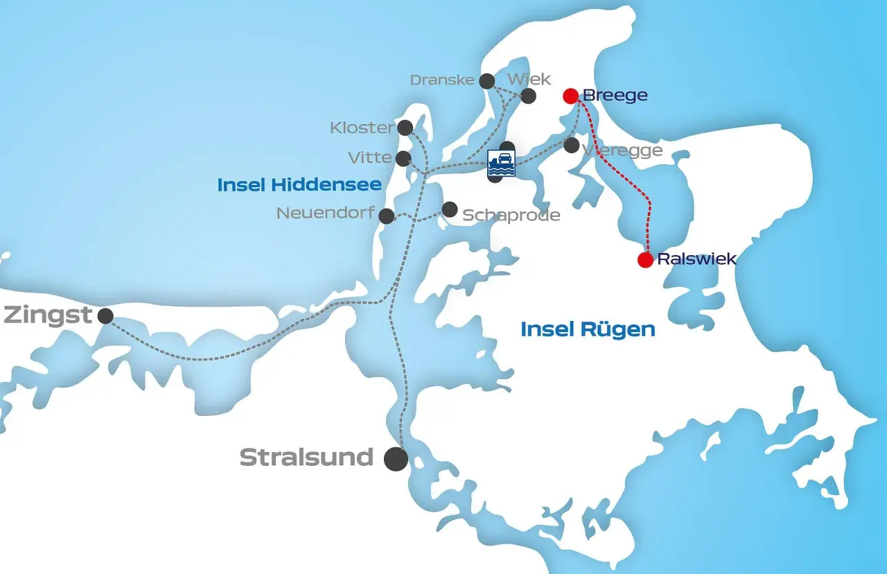 Karte zeigt Fährrouten um Rügen und Hiddensee. Santiano könnte von Breege nach Ralswiek segeln.