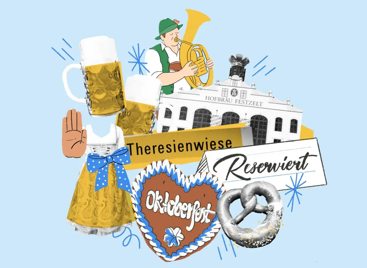 Auf dem Oktoberfest gibt es Bierkrüge, Blasmusik, Lebkuchenherzen und Brezeln. Man feiert auf der Theresienwiese und genießt die Atmosphäre.
