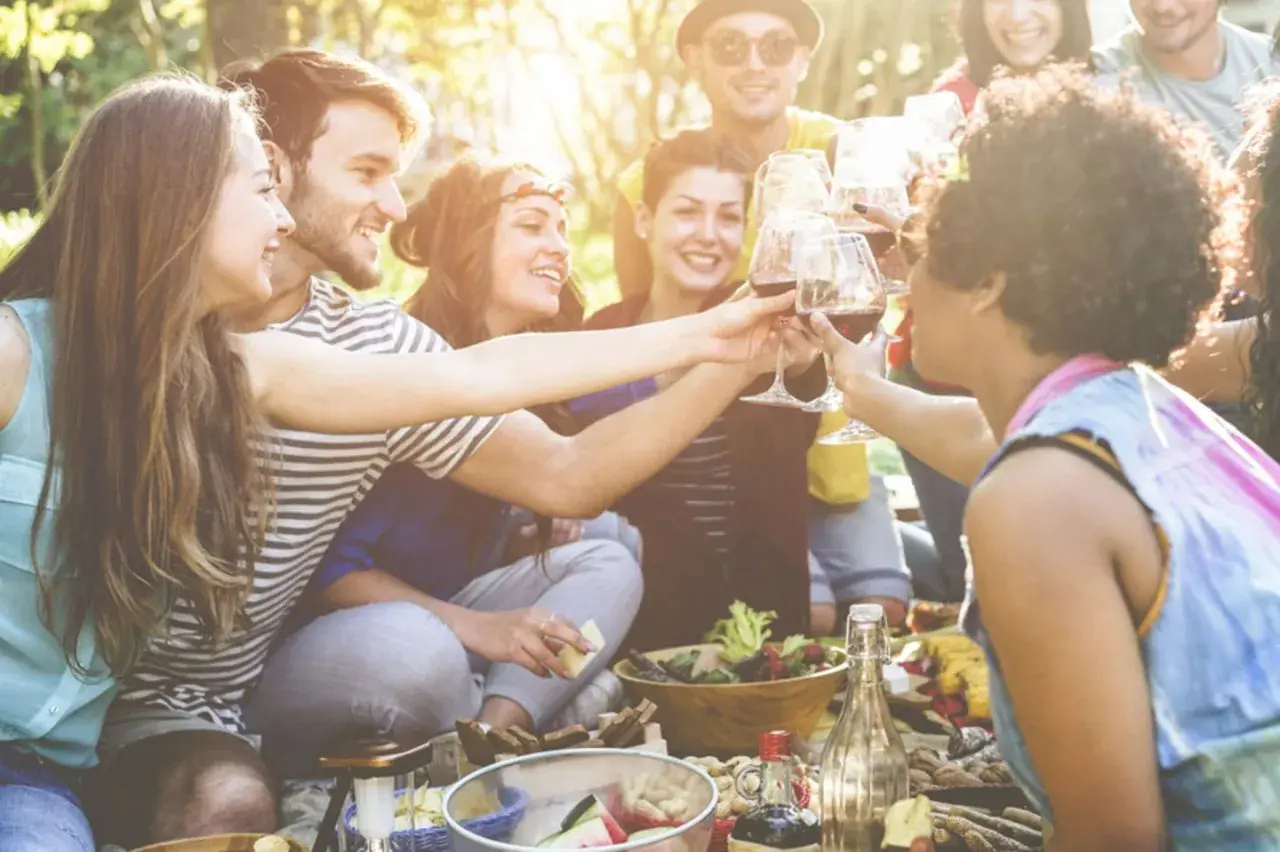 Freunde stoßen mit Rotwein an, ein perfekter Sonntag, um gemeinsam zu picknicken und das Leben zu genießen.