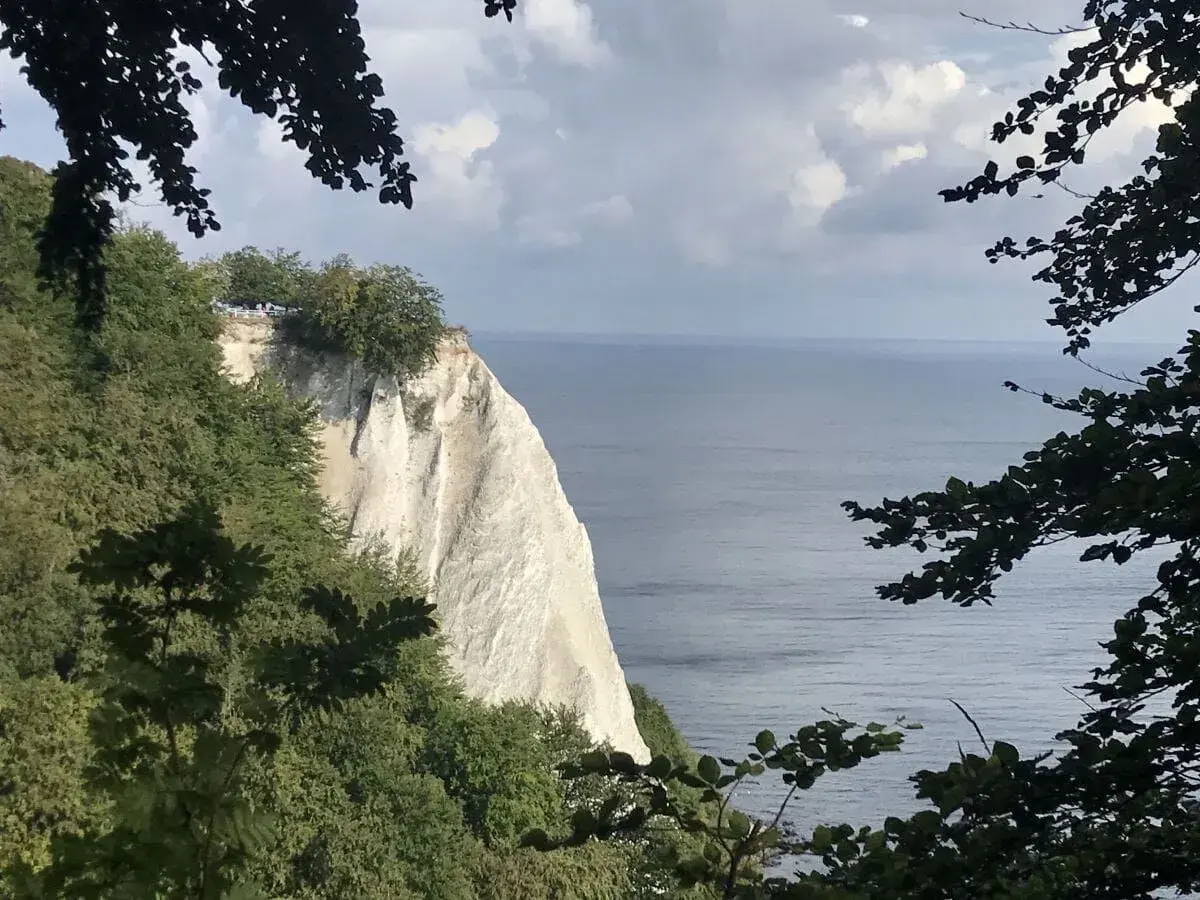 Weiße Kreidefelsen der Halbinsel Jasmund ragen steil ins Meer. Bäume säumen den Rand, das Wasser glitzert.