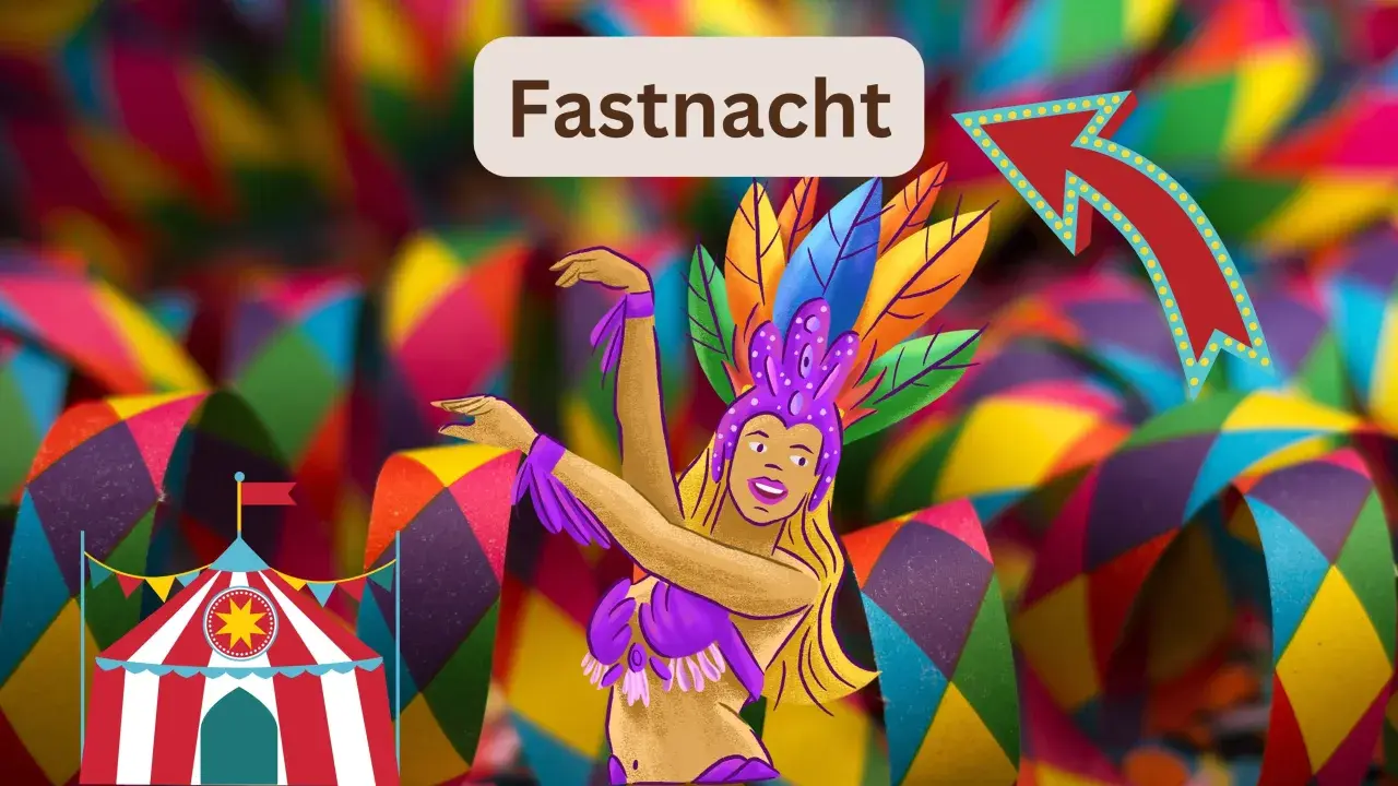 Bunte Dekorationen und eine Tänzerin im Faschingskostüm kündigen den Fasching 2027 an. Ein Zirkuszelt und ein Pfeil mit Lichtern vervollständigen die fröhliche Szene.