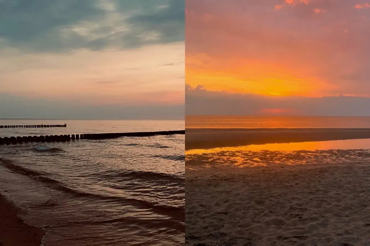 Zwei Ansichten des Meeres in Deutschland: links Wellen und Buhnen im Dämmerlicht, rechts ein dramatischer Sonnenuntergang über dem Sandstrand.