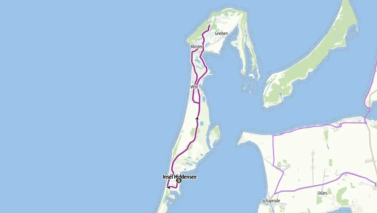 Karte einer Hiddensee Fahrradtour von Kloster über Vitte nach Grieben.
