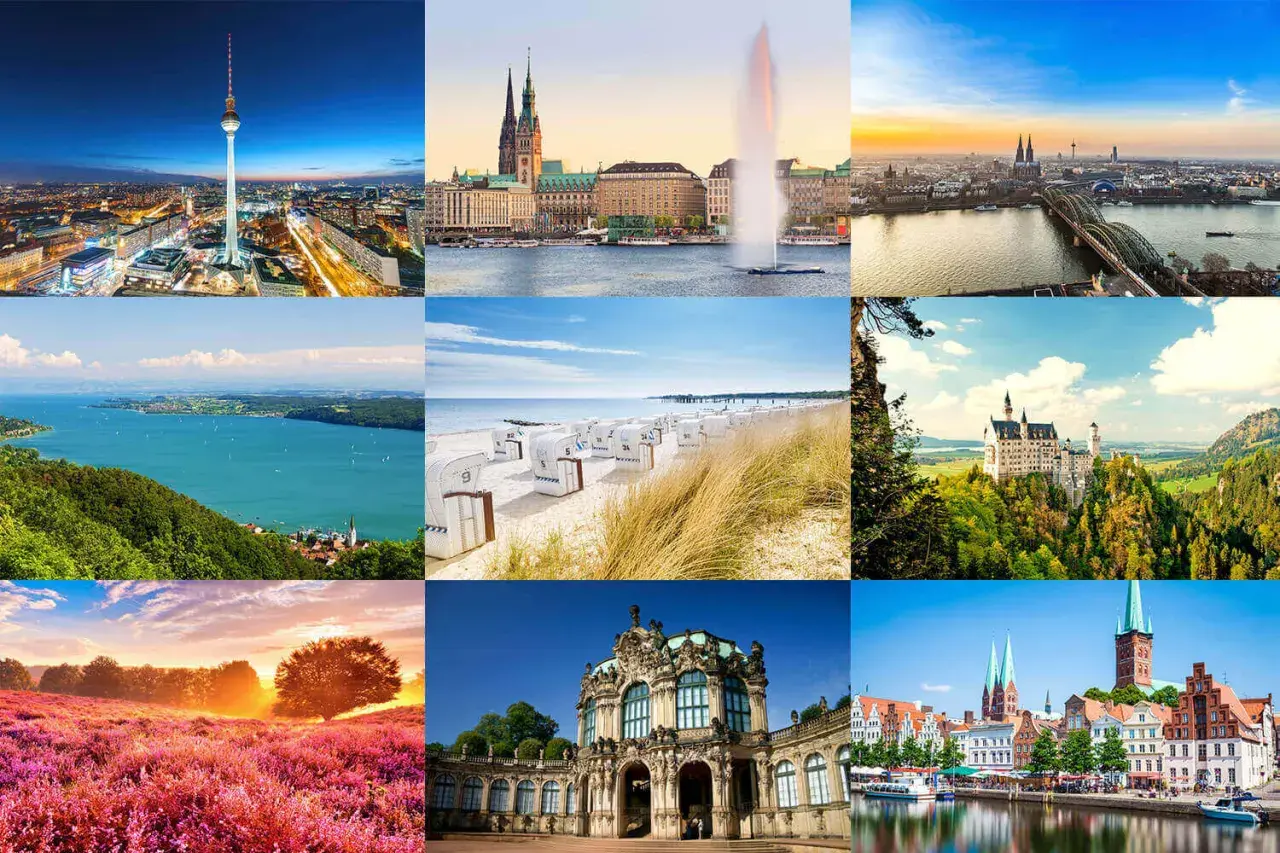Collage mit besonderen Reisezielen: Berliner Fernsehturm, Hamburger Rathaus, Kölner Dom, Bodensee, Ostseestrand, Schloss Neuschwanstein, Heideblüte, Dresdner Zwinger, Lübeck.