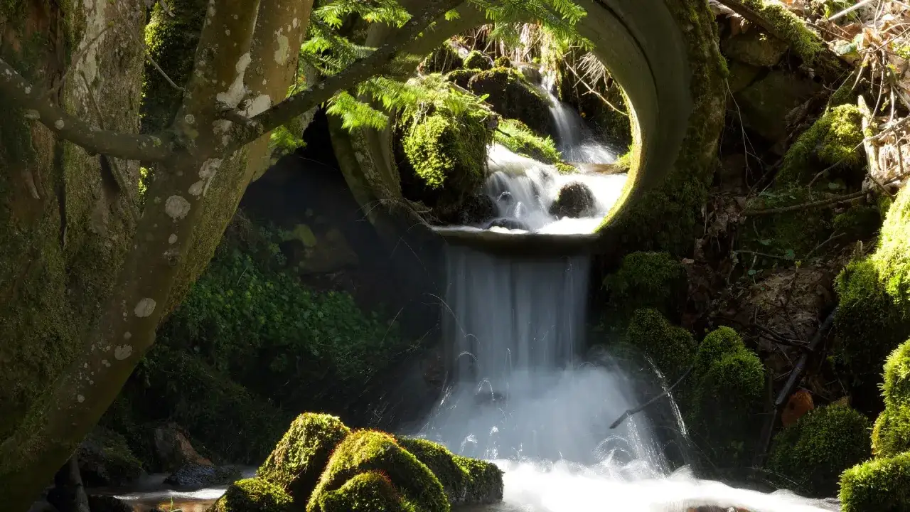 Ein kleiner Wasserfall st&uuml;rzt aus einem bemoosten Rohr in den Teutoburger Wald. Moosbewachsene Steine und B&auml;ume umgeben das klare Wasser.