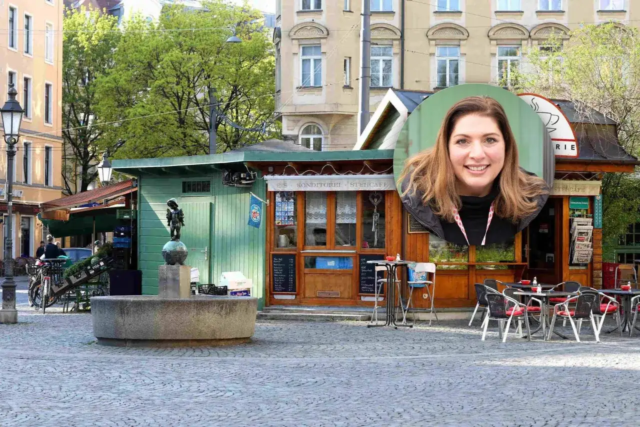 Ein lächelndes Porträt überragt einen charmanten Eis-Konditorei-Stehcafé-Stand in au Haidhausen.