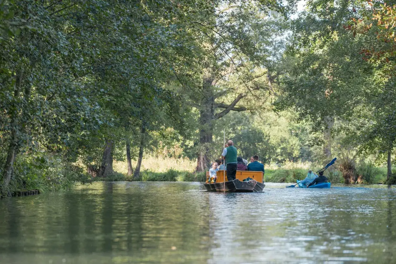 Bootsfahrt durch den Spreewald, ein beliebtes Ausflugsziel. Menschen genießen die Natur vom Kahn und Kajak aus.