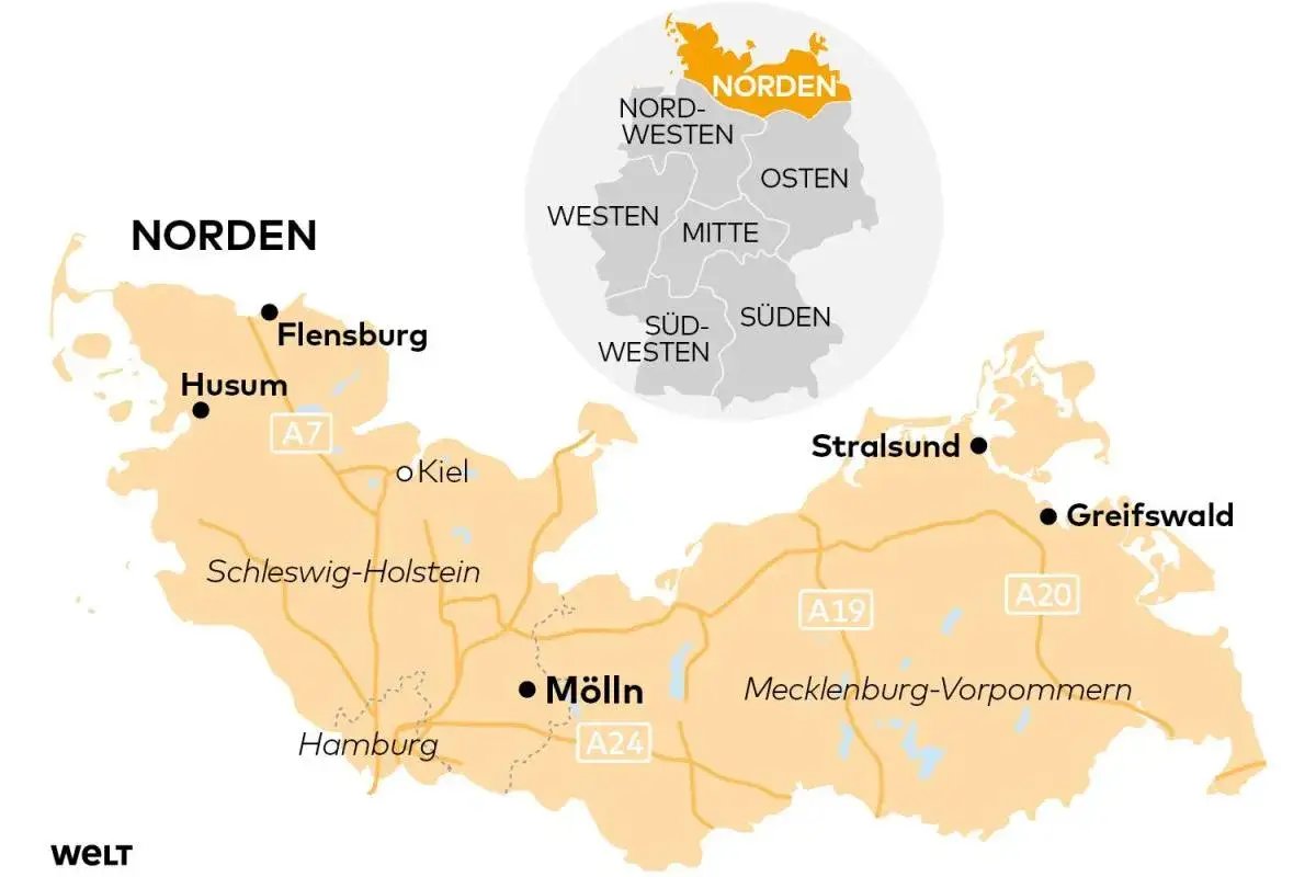 Karte zeigt, wo man in Deutschland Urlaub machen kann: die Region Norden mit Städten wie Flensburg, Husum, Stralsund und Greifswald.