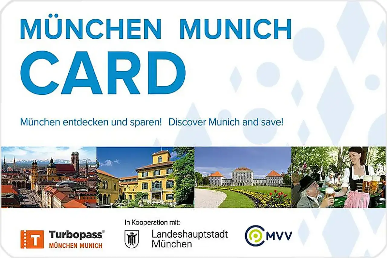 München Card: Entdecke München und spare! Zeigt Sehenswürdigkeiten, Biergarten und die Stadtansicht.