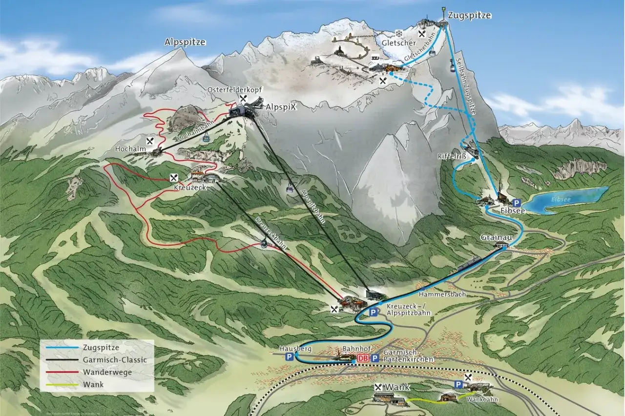 Karte zeigt Wege von Eibsee zur Zugspitze, mit Bergbahnen und Wanderwegen.