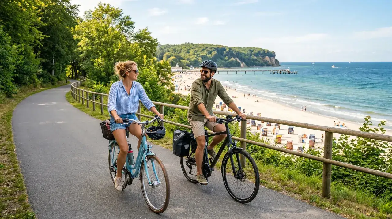 Ein Paar genießt eine Radtour entlang der Küste bei Binz. Der Weg führt am Strand mit Strandkörben und dem Meer entlang.