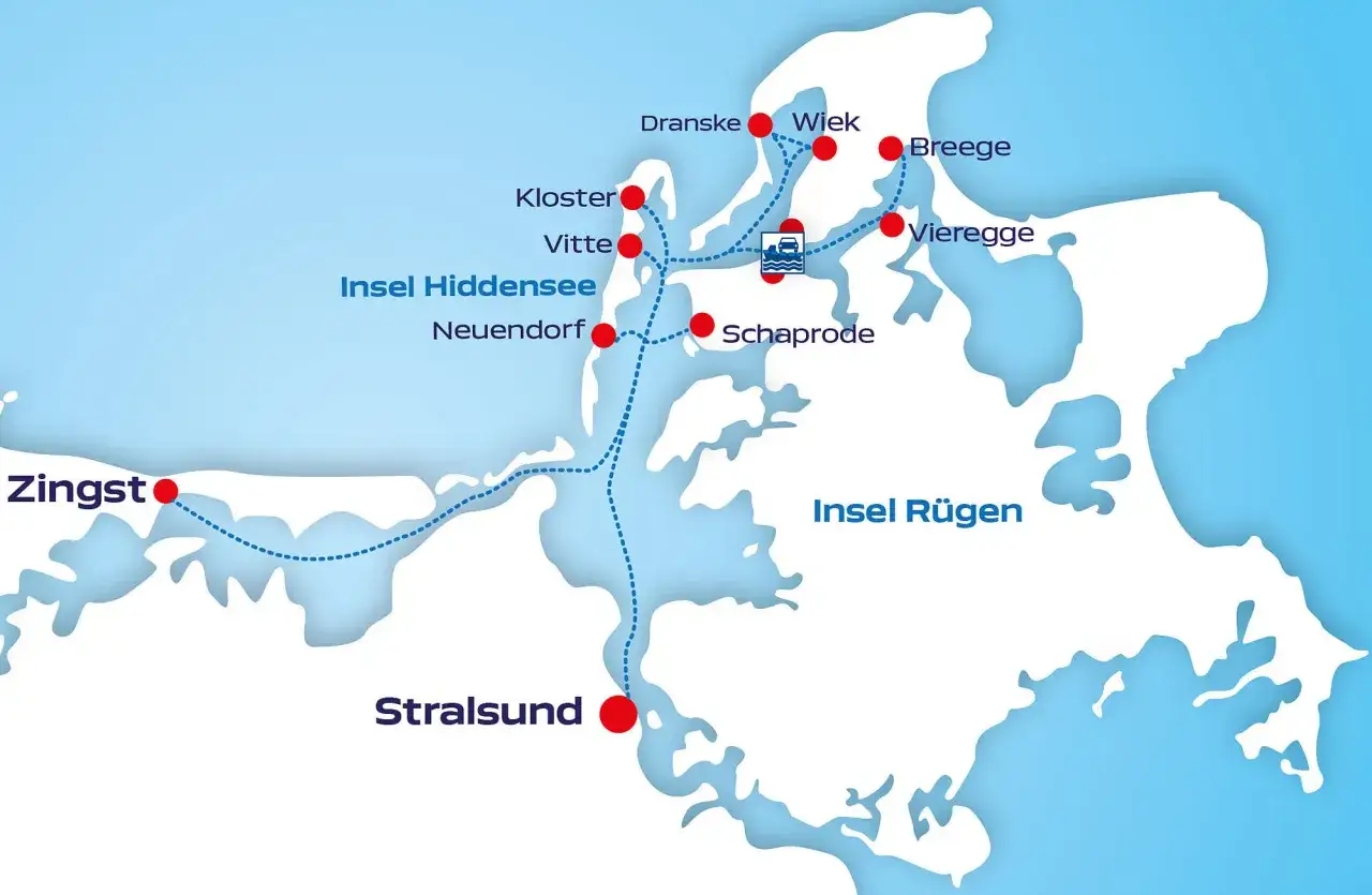 Karte zeigt die Insel Hiddensee und ihre Orte wie Kloster, Vitte, Neuendorf. Verbindungen zu Zingst, Stralsund und R&uuml;gen sind sichtbar.