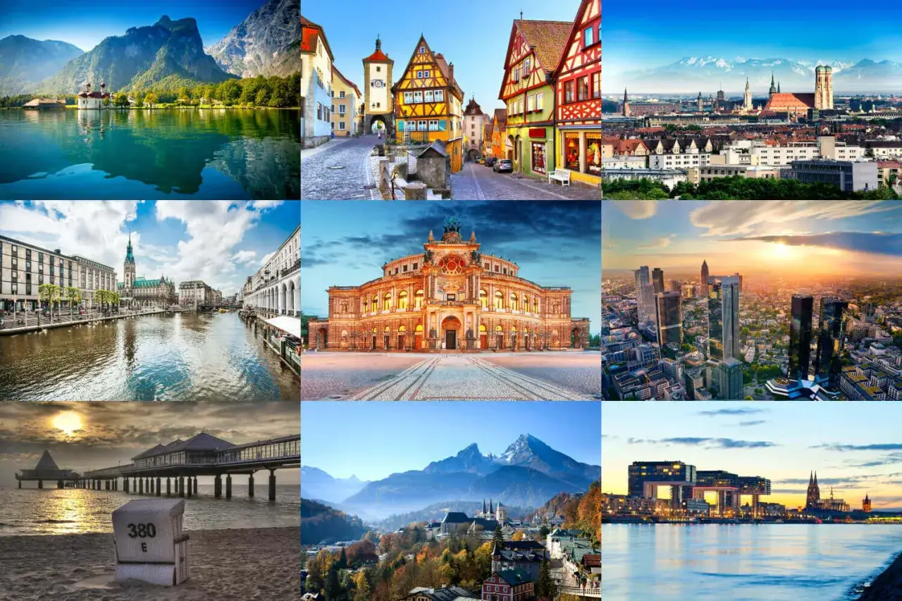 Vielfältige beliebte Reiseziele Deutschland: Berge, historische Städte, moderne Metropolen und Küstenlandschaften.